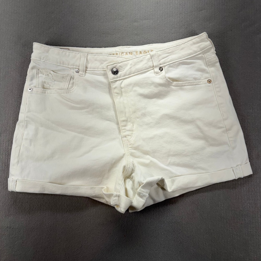 American Eagle Mom Shorts Womens 14 White Crossover Fly Stretch Denim High Rise